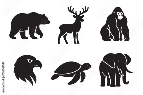 Black silhouette icons of wildlife animals including a bear, deer, gorilla, eagle, turtle, and elephant.
