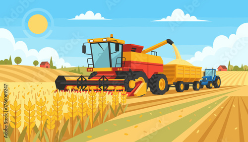 Vibrant flat illustration depicting a combine harvester in a golden wheat field, actively harvesting crops and transferring them into a trailer pulled by a blue tractor, under a bright sunny sky with