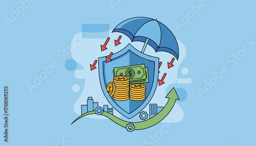 Vivid flat illustration concept of money protection and financial security, featuring a shield with cash and coins under a protective umbrella, with red arrows indicating threats being deflected, set