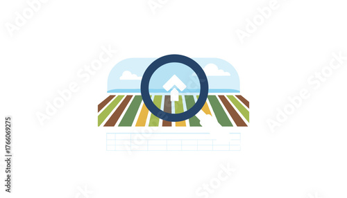 Modern vector illustration of a stylized agricultural field with colorful rows of crops under a blue sky with clouds, viewed through a magnifying glass icon, symbolizing precision agriculture, data