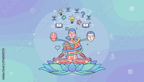 Vivid vector illustration depicting the concept of meditation and holistic health, showing a person in lotus pose surrounded by symbols of growth, ideas, and the human body's interconnectedness