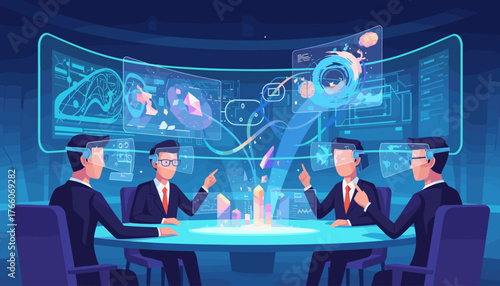 Modern innovative business technology concept: Four businessmen in VR headsets collaborating around a futuristic holographic table, interacting with glowing data visualizations and charts in a