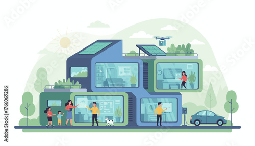 Vibrant vector illustration showcasing a futuristic smart home powered by solar panels, featuring a family interacting with technology, a drone delivering a package, and an electric car charging