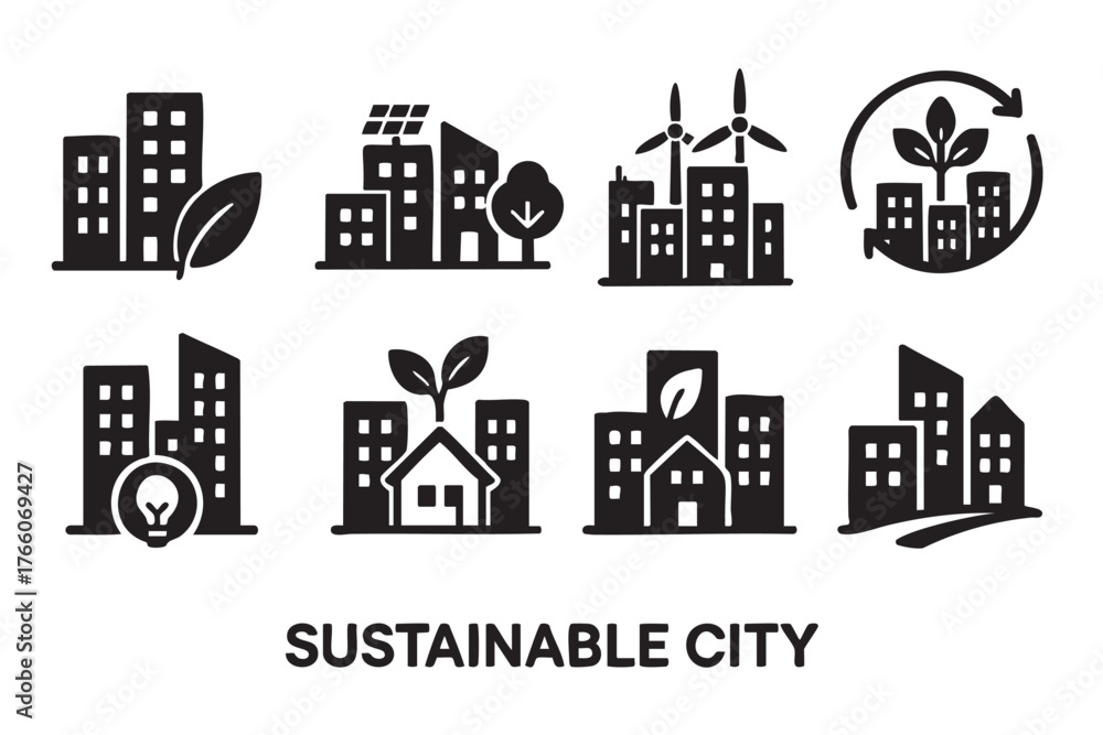 Obraz premium Black outline icons of sustainable city elements, including buildings with solar panels, wind turbines, trees, and eco-friendly symbols.