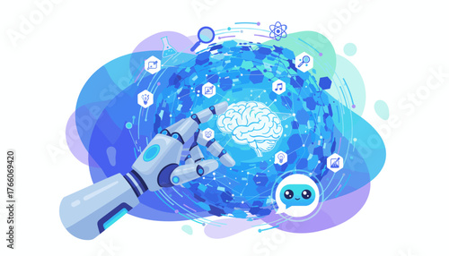 Futuristic AI concept: A robotic hand interacts with a glowing digital sphere representing big data, with a stylized brain and various icons symbolizing knowledge, science, and technology, conveying