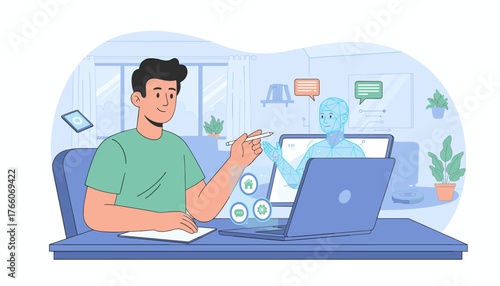 Modern flat illustration of a person interacting with an AI assistant hologram on a laptop screen, symbolizing technology integration in daily life, remote work, and digital communication, with icons