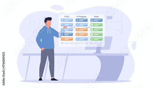 Agile software development and project management concept, a man in a blue hoodie stands near a transparent board with tasks in 'To Do', 'In Progress', and 'Done' columns, illustrating workflow and