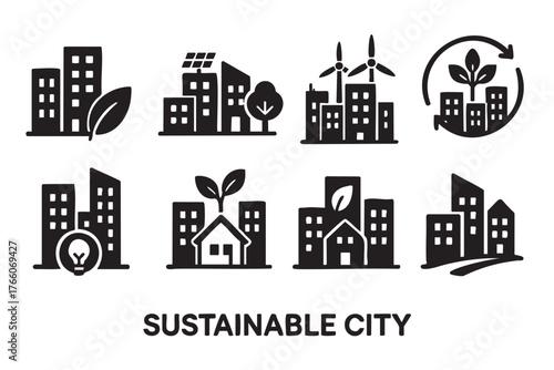 Black outline icons of sustainable city elements, including buildings with solar panels, wind turbines, trees, and eco-friendly symbols.