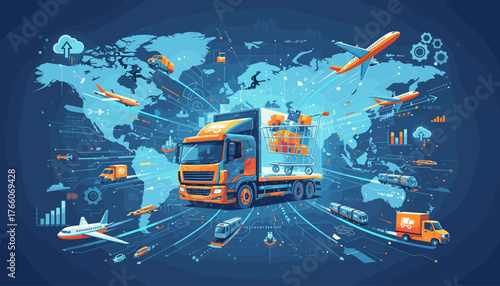 Global Logistics and Transportation Network: A vibrant abstract illustration depicting a truck with a shopping cart full of packages, symbolizing e-commerce and delivery, set against a backdrop of a