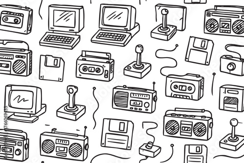 Seamless pattern of vintage electronics featuring cassette players, floppy disks, and retro computers with joysticks drawn in a monochrome style.