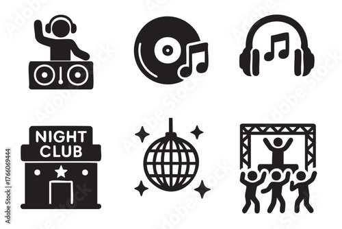 Black icons depicting various nightlife elements, including a dj at a turntable, vinyl record, headphones, nightclub, disco ball, and dancing figures.