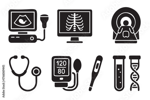 Black silhouette icons depicting medical diagnostic equipment, including ultrasound, x-ray, mri machine, stethoscope, blood pressure monitor, thermometer, and test tubes.