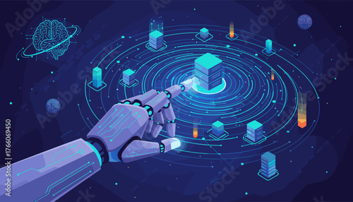 Futuristic AI robot hand interacting with a glowing digital network, symbolizing machine learning, data processing, and advanced technology in a vibrant blue and purple abstract background with