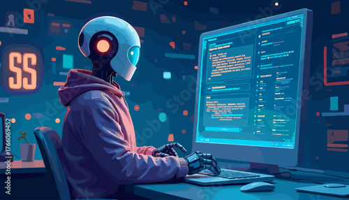 Futuristic robot programmer wearing a pink hoodie, intently typing on a keyboard in a dimly lit room filled with glowing digital interfaces and code on a large monitor, representing artificial