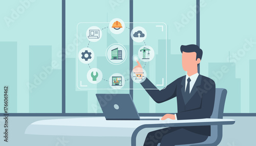 Businessman interacting with a futuristic holographic interface displaying building information modeling (BIM) icons, including construction crane, blueprint, gear, wrench, hard hat, and cloud