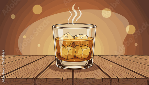Aromatic amber-colored whiskey or bourbon served in a clear crystal glass with ice cubes, emitting steam, resting on a rustic wooden table with a warm, softly lit background, perfect for bar or