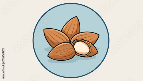 A modern, flat vector illustration of a cluster of almonds, with one almond cracked open to reveal its creamy white kernel, set against a soft blue circular background with a subtle beige border
