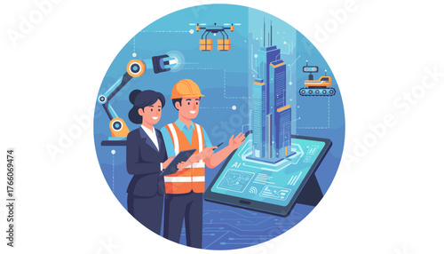 Innovative construction project management featuring a male engineer in a hard hat and safety vest and a female architect reviewing a holographic 3D building model on a tablet, with drones, robots