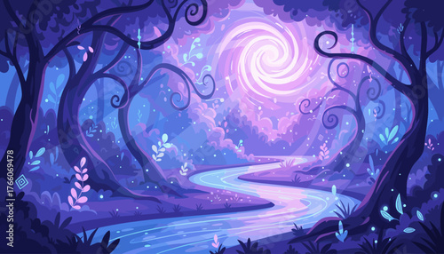 Enchanting ultraviolet forest scene with a winding river reflecting swirling sunlight, magical glowing flora, and mystical trees, creating a dreamlike and ethereal atmosphere perfect for fantasy or