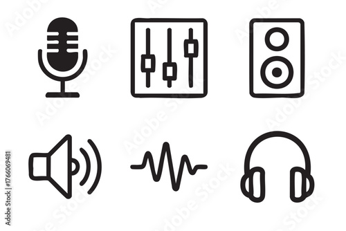 Simple black outline icons depicting a microphone, sound mixer, speaker, volume control, soundwave, and headphones.