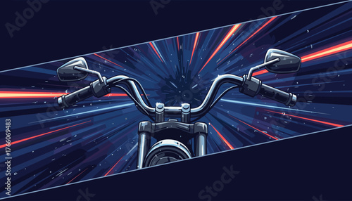 Dynamic first-person perspective of a motorcycle handlebar with a blurred, streaking background of red and blue light trails, conveying speed and motion, perfect for themes of adventure and travel.