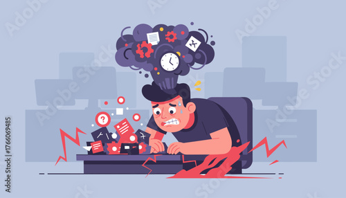 Overwhelmed businessman experiencing extreme stress and burnout at his desk, with a chaotic explosion of work-related icons and a ticking clock emanating from his head, symbolizing mental overload