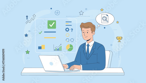 Modern flat illustration of a businessman working on a laptop, analyzing data and completing a checklist on a digital dashboard, symbolizing business success, performance tracking, and strategic