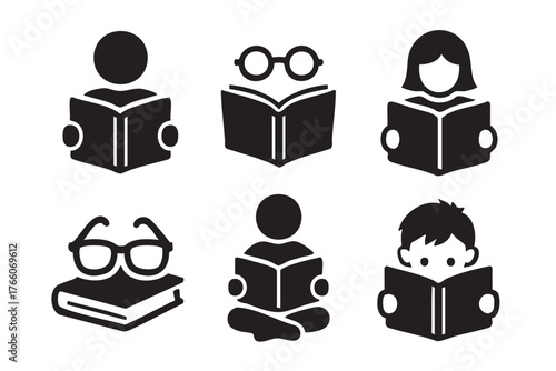 Black silhouette icons depicting various people reading books, with different hairstyles and glasses, along with a pair of eyeglasses resting on a book.