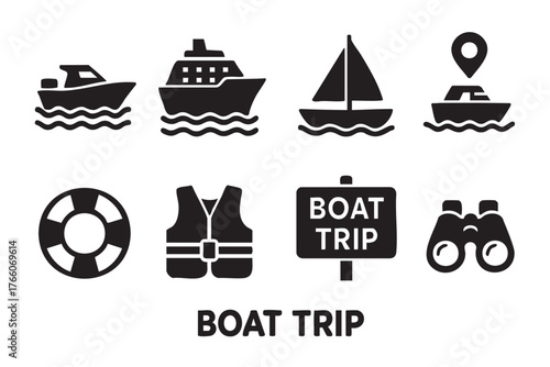 Black icons of various boating elements including speedboat, cruise ship, sailboat, lifebuoy, life vest, binoculars, and a boat trip sign.