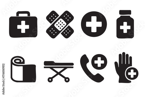 Black silhouettes of medical icons featuring a first aid kit, bandages, medical cross, medicine bottle, gauze roll, stretcher, emergency phone, and protective gloves.