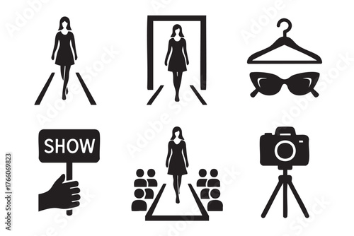 Black silhouette icons depicting fashion elements including models walking on a runway, sunglasses, a camera on a tripod, and a show sign.