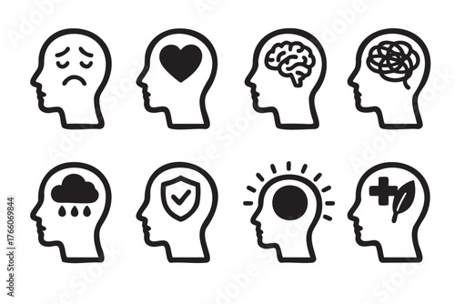 Eight black outline icons of human profiles portraying different emotions and mental states, including sadness, affection, intellect, confusion, rain, protection, mindfulness, and wellness.