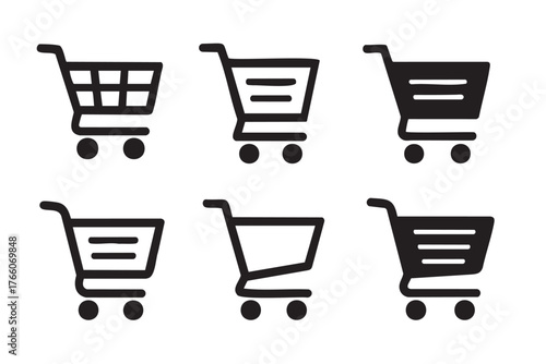 Six black outline icons of shopping carts with varying designs and structures, depicted on a white background.