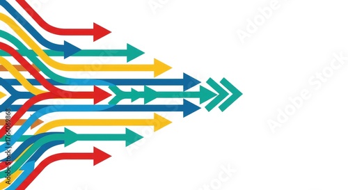 Colorful arrows converge and lead rightward on a white backdrop, symbolizing progress, direction, and unity with various paths