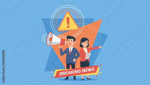 Dynamic illustration of a man with a megaphone and a woman pointing, conveying an important announcement, attention, or warning, with a prominent exclamation mark in a triangle and "BREAKING NEWS"