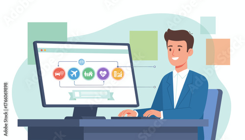 Insurance concept illustration: a smiling businessman in a blue suit sits at a desk, interacting with a computer displaying icons for car, travel, family, health, and finance, representing diverse