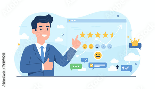 Positive customer satisfaction rating and feedback concept with a smiling businessman giving a thumbs up, stars, and various emoticons representing different emotions, alongside a growth chart and a