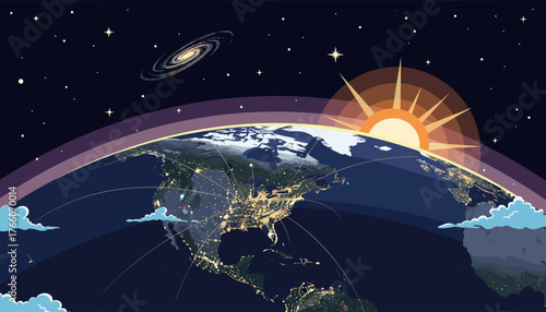 Global Connection: A Stunning Nighttime View of North America's City Lights from Space, Illuminated by a Radiant Sunrise and Surrounded by Stars and a Distant Galaxy, Symbolizing Technology and