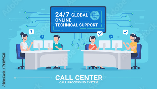 Vibrant illustration of a modern call center with operators providing 24/7 global online technical support, featuring a large screen displaying the world and connectivity lines, and agents with