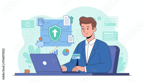 Modern flat illustration of a man working on a laptop, symbolizing online tax payment and calculation. The scene includes a piggy bank, calculator, financial charts, credit card, and a shield icon