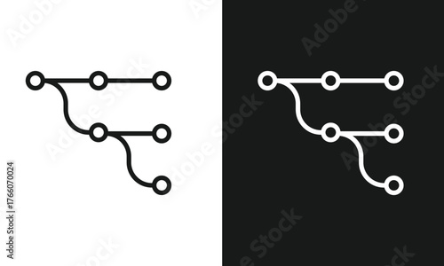Minimalist Metro Map Line Art Icon, Simple Subway Route Diagram with Stations, Modern Vector Graphic for Public Transportation, Transit, and Network Connectivity, Black and White Versions.