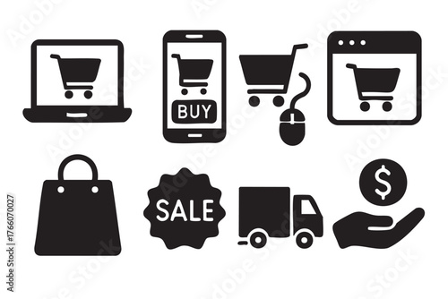 Black icon set featuring online shopping elements, including carts on screens, a sale badge, a shopping bag, a delivery truck, and a hand with a dollar symbol.