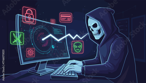 A menacing skeleton hacker, cloaked in darkness, types on a keyboard in front of a computer screen displaying a complex interface with glowing icons representing security threats, financial data, and