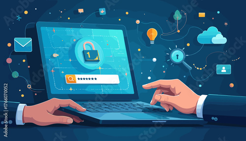 Digital cyber security concept with a laptop displaying a password login screen and a padlock icon, symbolizing online protection and data privacy in a connected network environment with abstract