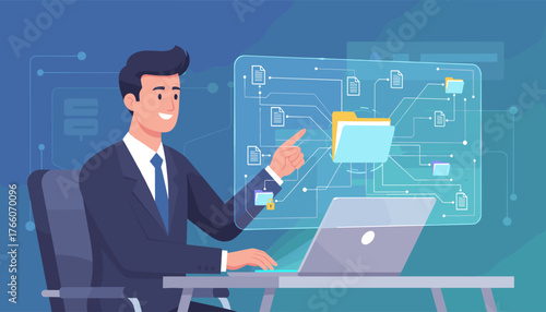 Modern businessman in suit working on laptop, interacting with a futuristic digital interface displaying organized files, folders, and security locks, representing data management and cloud storage