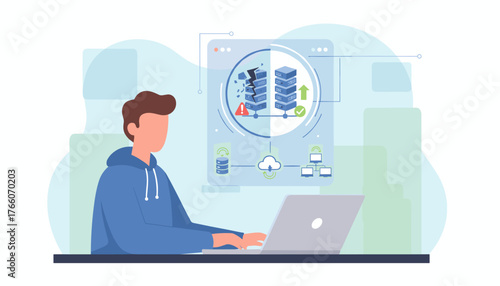 Disaster Recovery Concept: A person works on a laptop, illustrating IT system protection and data backup solutions, showing a broken server contrasted with a healthy server and cloud integration for