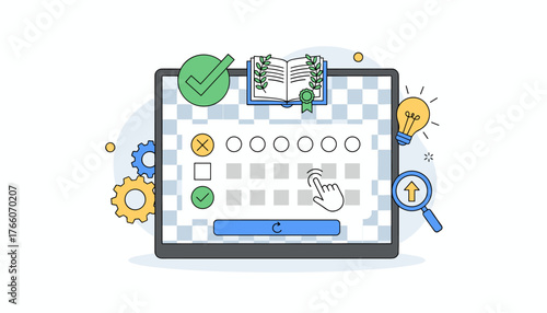 Conceptual illustration of an online assessment or survey on a tablet screen, featuring a checklist with checkmarks and crosses, interactive elements like a cursor clicking a button, gears