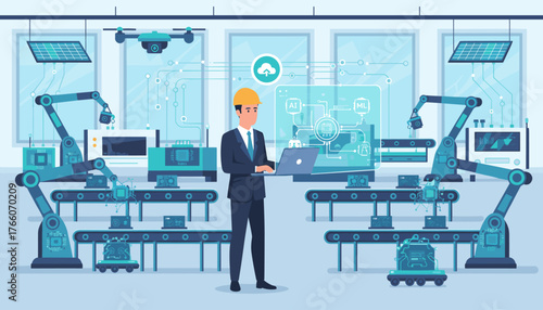 Smart manufacturing concept introducing advanced technology like AI and ML with robotic arms, drones, and a supervisor overseeing the automated production line, symbolizing industry 4.0 and future