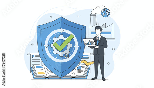 Business standardization and certification concept with a shield, gears, checkmark, and a businessman holding a tablet showing analytics and a factory in the background, symbolizing quality control