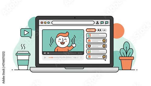 Modern flat illustration of a laptop displaying a live streaming interface with a cheerful character waving, chat messages, and viewer count, symbolizing online communication and digital content